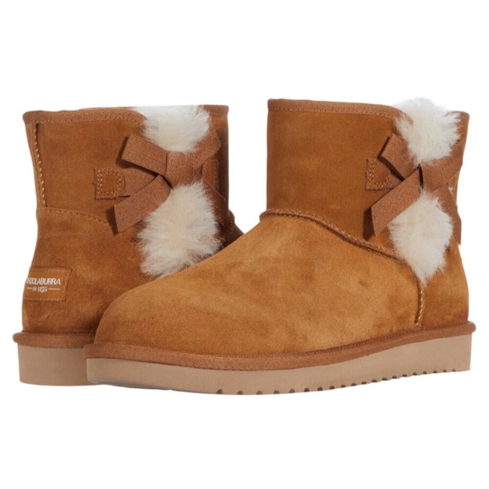 Koolaburra by UGG Victoria Mini Boots in Chestnut Suede Faux Fur Poms Size 7 New - Picture 2 of 11